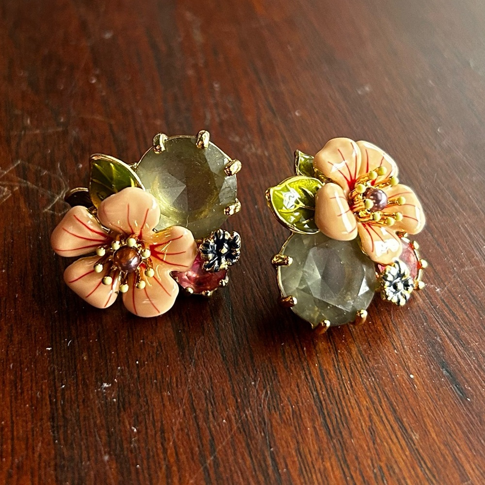 Les Nereides Paris Floral Pink Gold and Green Earrings Spring Flowers